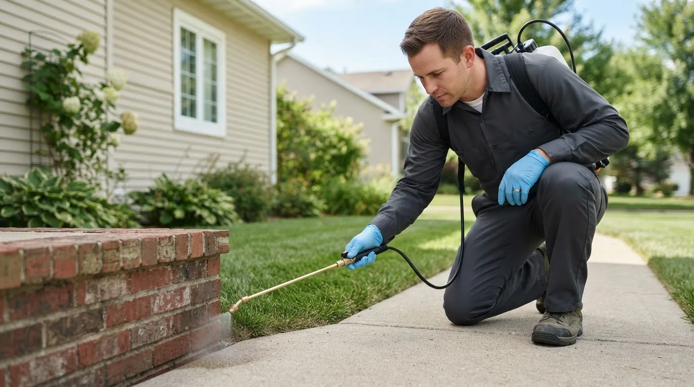 Pest control technician treating a home near Lyndon Center, VT